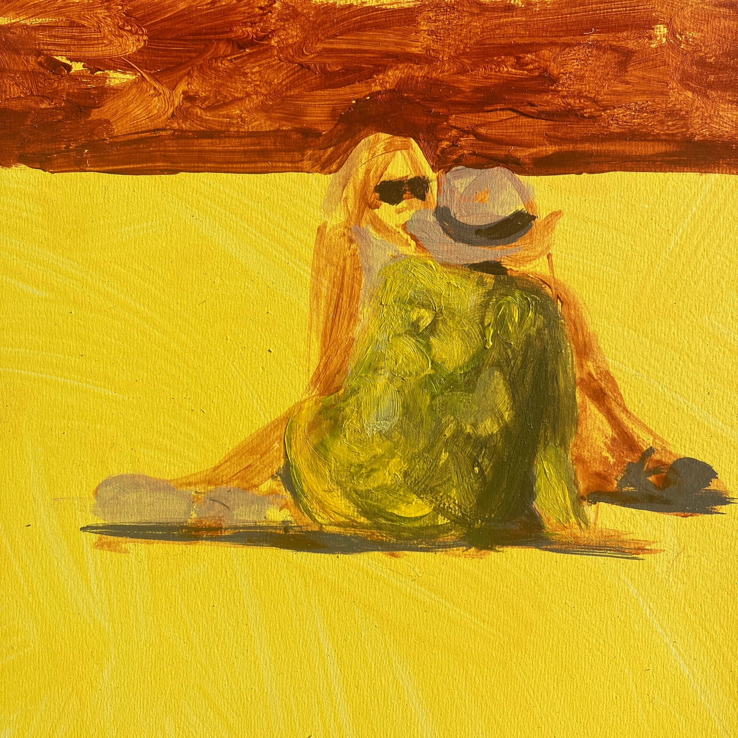 An impressionistic painting of two people sitting closely together on a yellow ground under a brown textured sky, rendered in expressive brushstrokes of yellow, green, orange, and brown.
