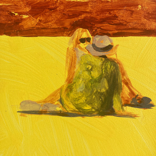 An impressionistic painting of two people sitting closely together on a yellow ground under a brown textured sky, rendered in expressive brushstrokes of yellow, green, orange, and brown.