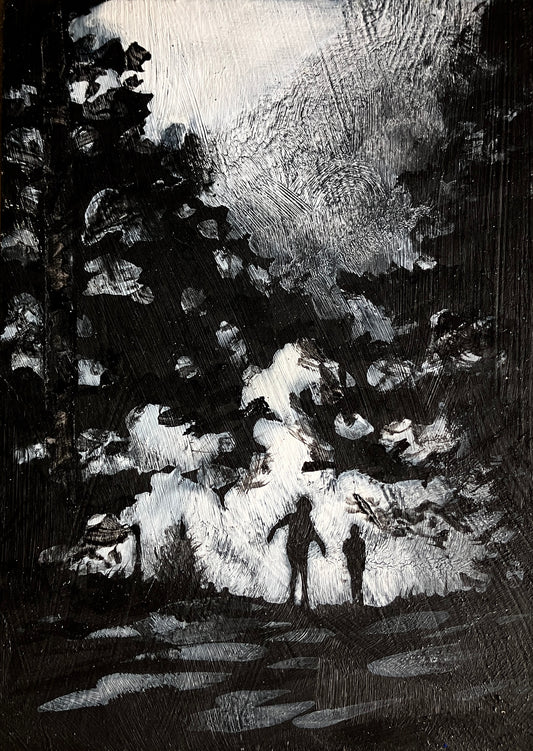 black and white painting of two figures in silhouette walking between two tall trees