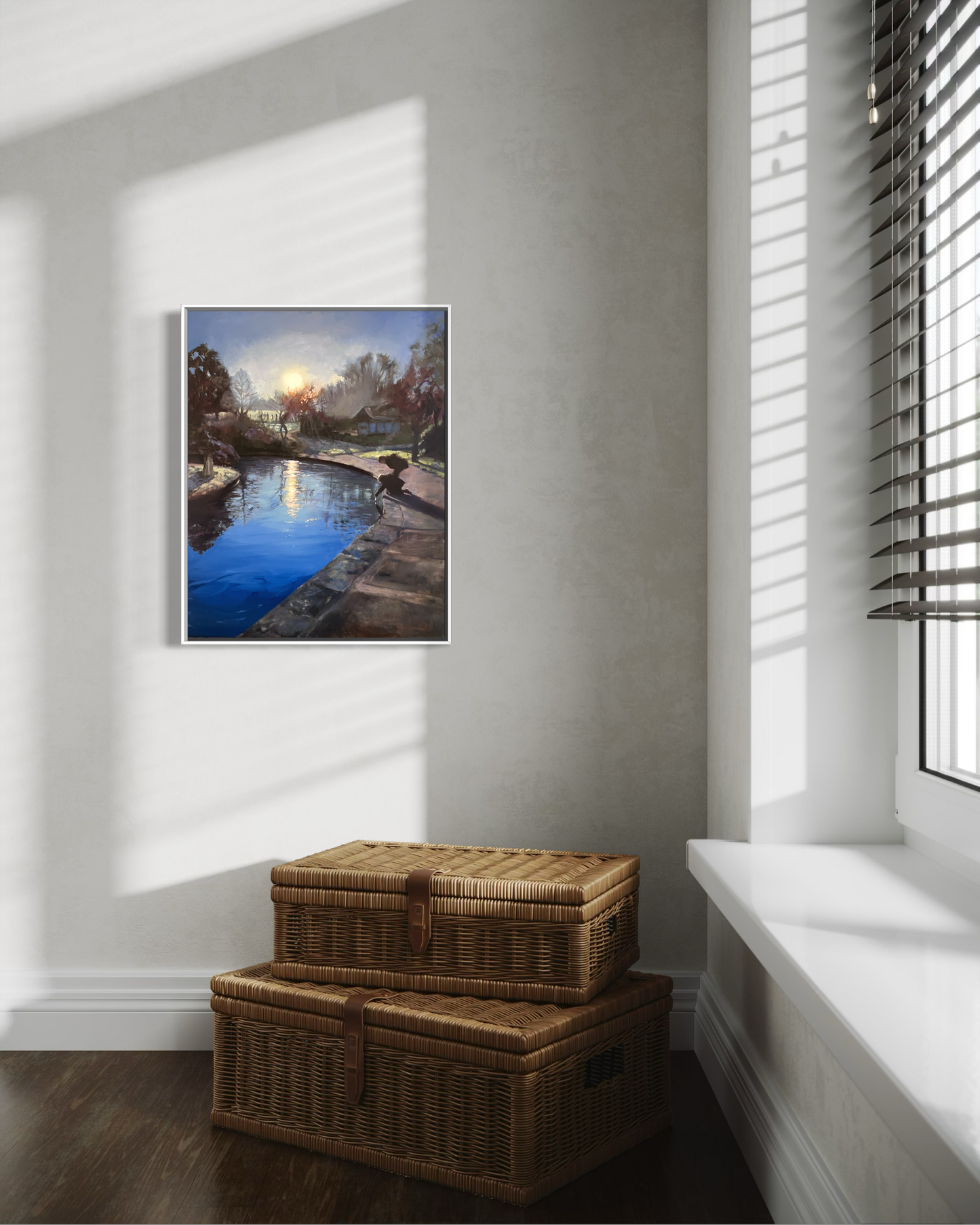 Sunny room with shadow of window going over a blue figurative painting of a park with children in the sun