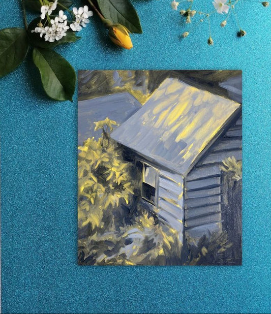 Painting of a garden shed with a yellow roof on a blue textured background with plants.