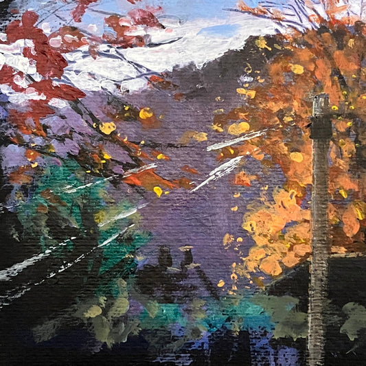 Acrylic painting by artist Sonya Vine of rooftops and a telegraph pole amid the tops of colourful trees.