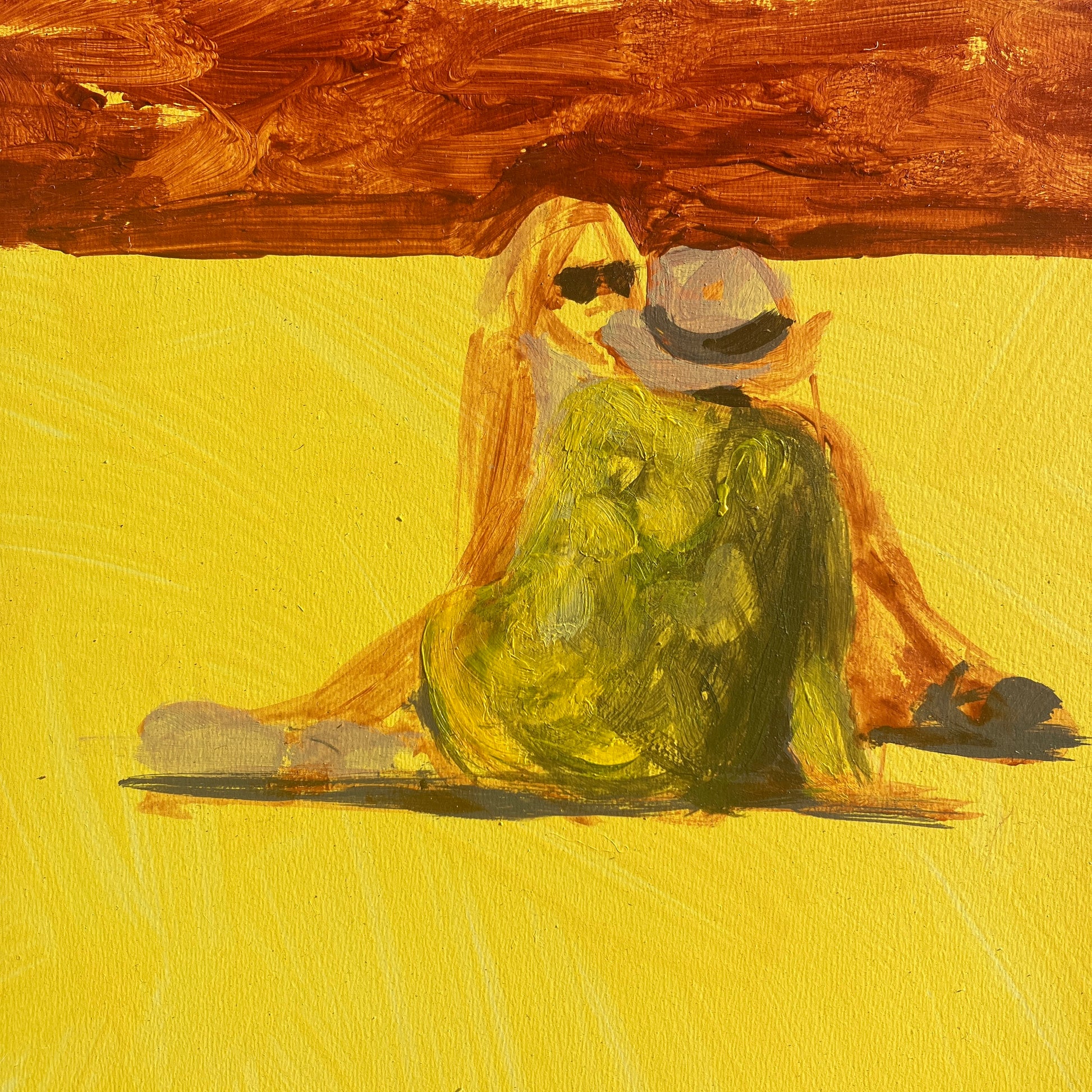 An impressionistic painting of two people sitting closely together on a yellow ground under a brown textured sky, rendered in expressive brushstrokes of yellow, green, orange, and brown.