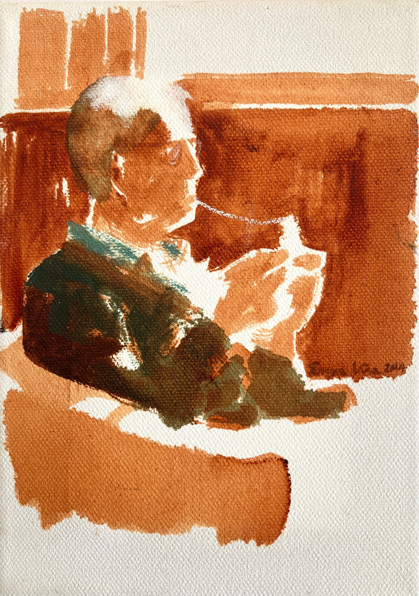A painting of a man in profile in a cafe with a string of cheese going from his mouth to his panini.  Loose brushstrokes in orange with light flooding in.