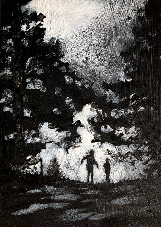 black and white painting of two figures in silhouette walking between two tall trees