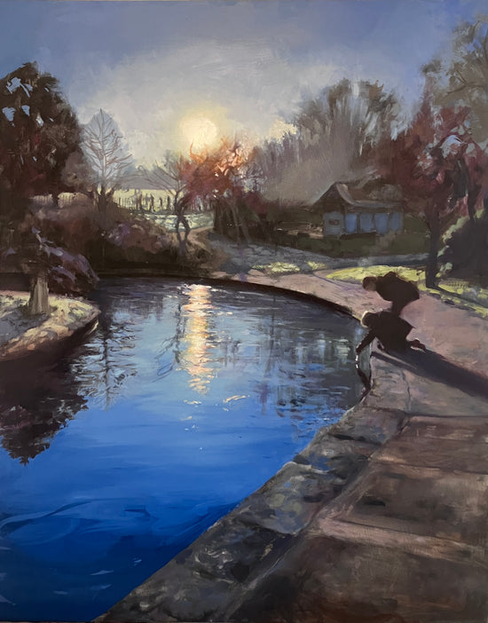 Atmospheric oil painting of two children  picking something out of a serene, icy, reflective pond in the sunlight and a park beyond